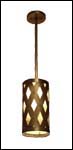 Ceiling mounted brass pendant fixture with diamond cut outs and decorative rivets and a natural mica diffuser.