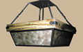 Custom pendant light fixture made of wrought iron, wood and natural mica