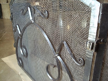 fire place screen, hand forged wrought iron and steel mesh