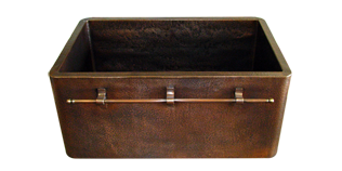 custom copper double basin sink with hammered apron