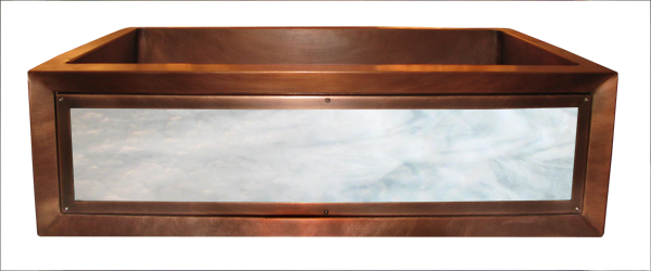 Copper Farmhouse Sink with illuminated "Winded Snow" art glass apron