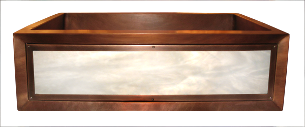 Copper Farmhouse Sink with illuminated "Winded Snow" art glass apron