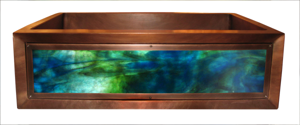 Copper Farmhouse Sink with illuminated "Serpent Garden" art glass apron
