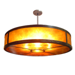 Large circular pendant lighting fixture made of assembled copper, with amber mica diffuser