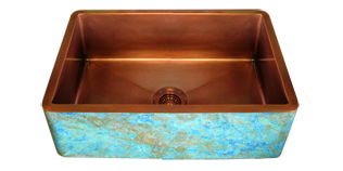 copper double basin farmhouse sink with a custom turquoise verdigris finish