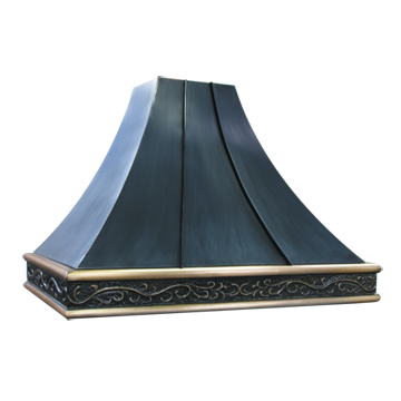 Range Hood oil rubbed copper body with standing seams and a dark bronze repousse border