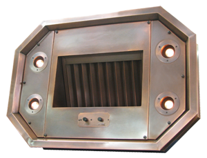 custom range hood liner/insert with a copper premiere baffle filter and 4 halogen lights