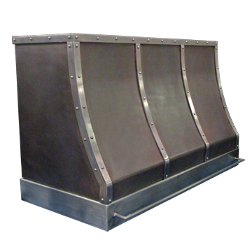 nickel silver range hood with strapping, round head rivets and a pot rail
