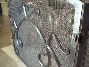 fire place screen, hand forged wrought iron and steel mesh