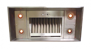 Stainless steel custom range hood insert with halogen lights and baffle filter