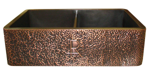 T332 Double Basin Hammered Apron Sink with custom repoussé ranch brand
