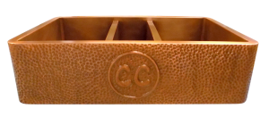 Three Basin Farmhouse Sink with custom repoussé “Circle Double C” ranch brand