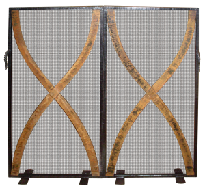Fire Screen #10: forged steel and steel mesh with rusted hamered steel strapping design.