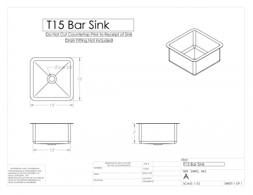 15 in Brass Bar Sink Shop Drawing