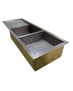 Custom Brass sink with integrated drain board and vegetable colander; dark brass