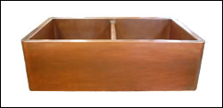 double basin copper farmhouse sink with mottled copper apron